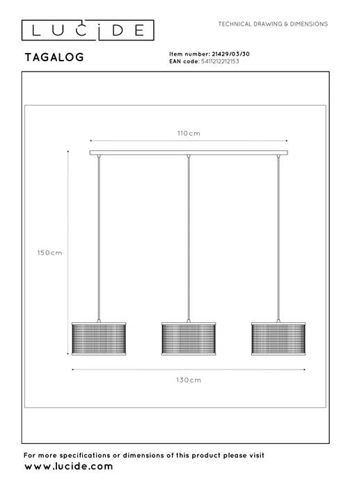 Lucide TAGALOG - Hanglamp - Ø 40 cm - 3xE27 - Zwart | Essential - technisch